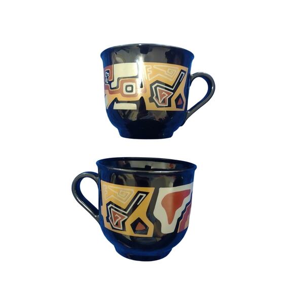 Set of 2 Arcoroc France Espresso Mugs Tribal Design Artsy Funky - Picture 1 of 4